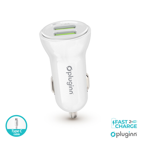 Auto punjac Pluginn PI-35 2xUSB, 2.4A sa Type C kablom beli.