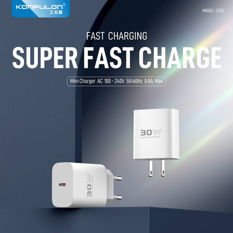 Kucni punjac KONFULON C87c + DL50, 30W, sa PD kablom Type C na iPhone lightning beli.