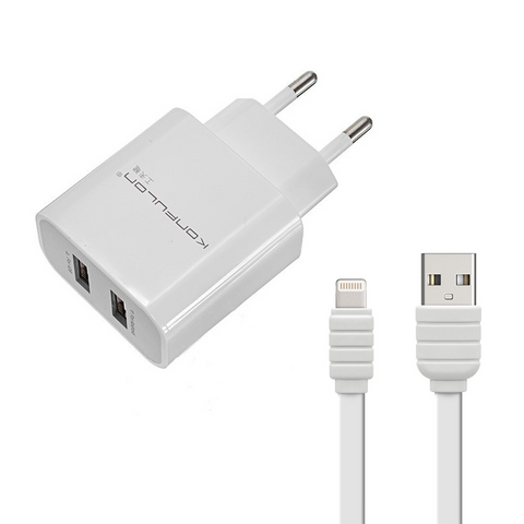 Kucni punjac KONFULON C18+S32A, 2xUSB, 2.1A sa iPhone lightning kablom beli 1m.