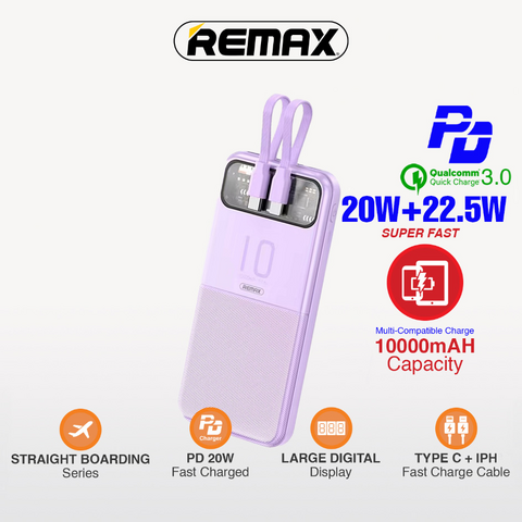 Back Up baterija (univerzalna) with 2 Fast Charging Cables REMAX Stervui Series RPP-619 PD 20W+ QC 22.5W 10000mAh ljubicasti.
